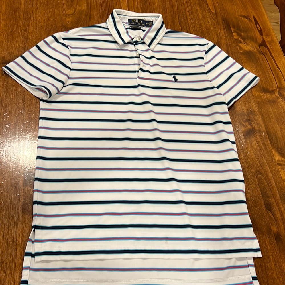 Men’s golf shirt. Polo by Ralph Lauren. Size S, white with navy stripes.